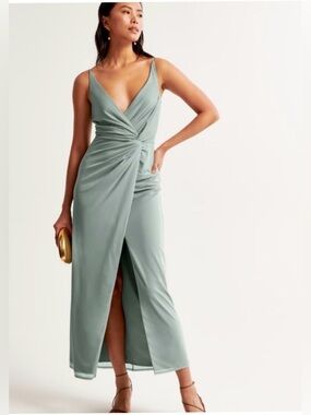 NWT Abercrombie & Fitch AF Twist Wrap Mesh Strappy Maxi Dress Granite Green sz L